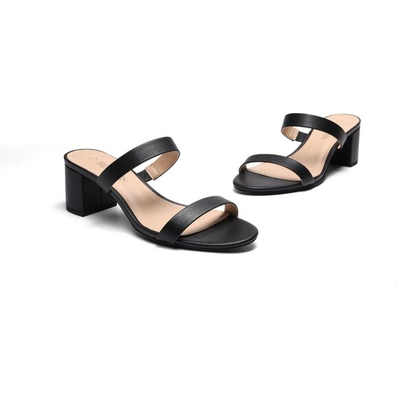 🆕Women Black PU Polyurethane Two Strap Open Toe Low Block Chunky Heel Sandals - Picture 5 of 8